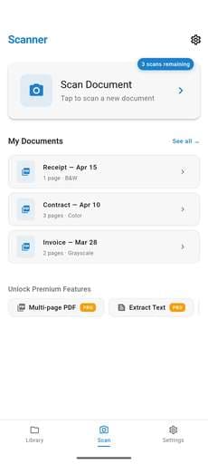 ScannerFlow app home screen showing the scan button and document library