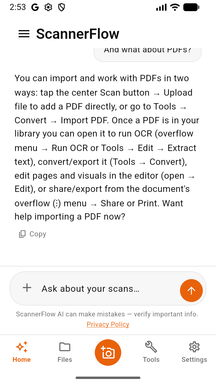 ScannerFlow AI home chat answering a question about a scanned document