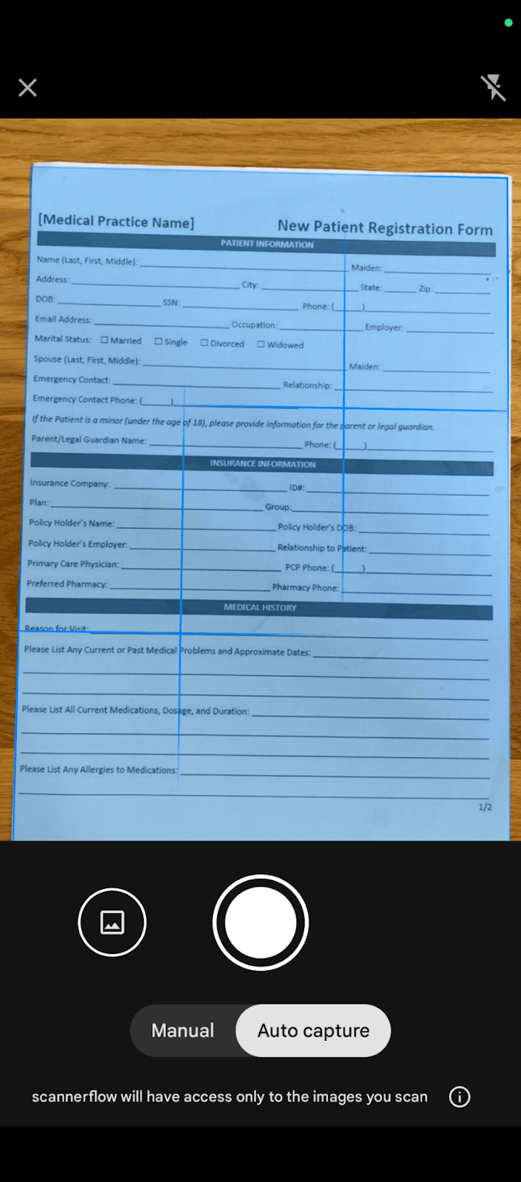 Scanning a document with auto edge detection and filter options