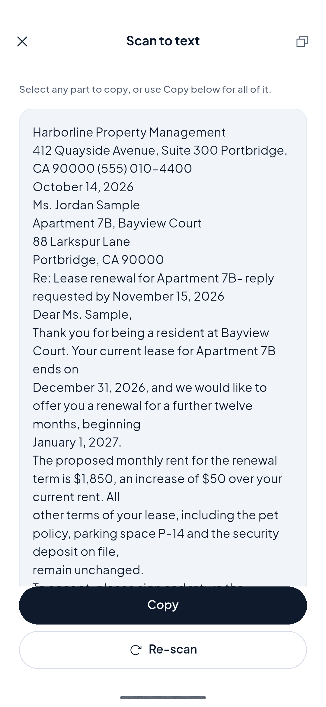 ScannerFlow showing a scanned page with extracted text and sharing options