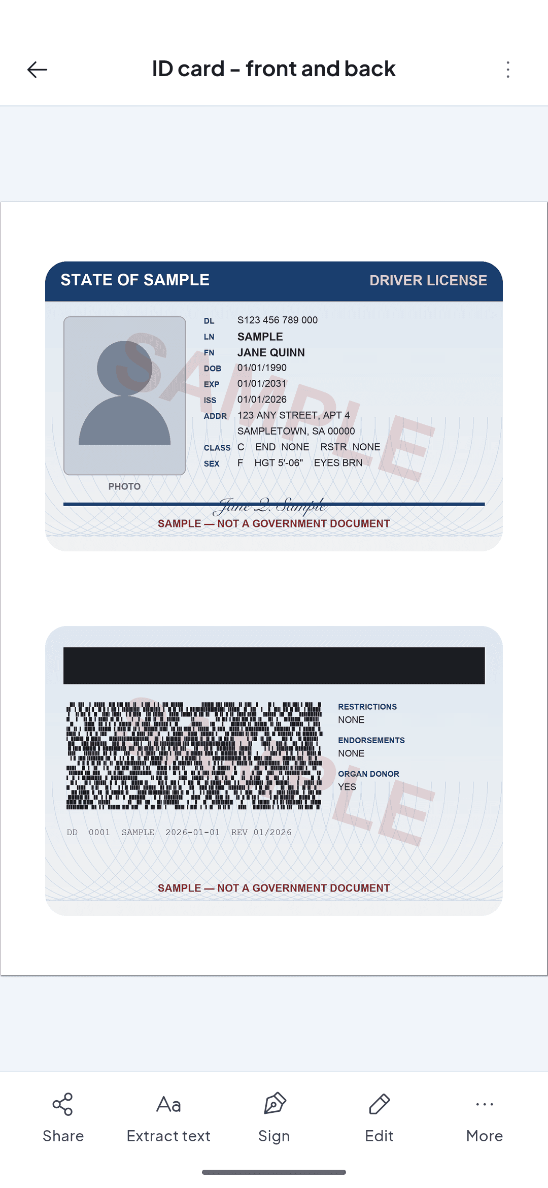 ScannerFlow document viewer showing an ID card scan with the front and back of the card on one A4 page